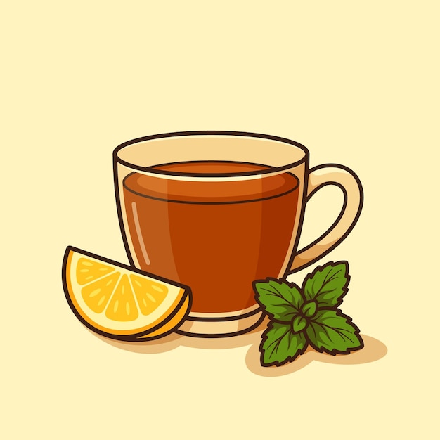 Glas Tee mit Zitronenkeil und Minzblättern auf hellbeige Hintergrund