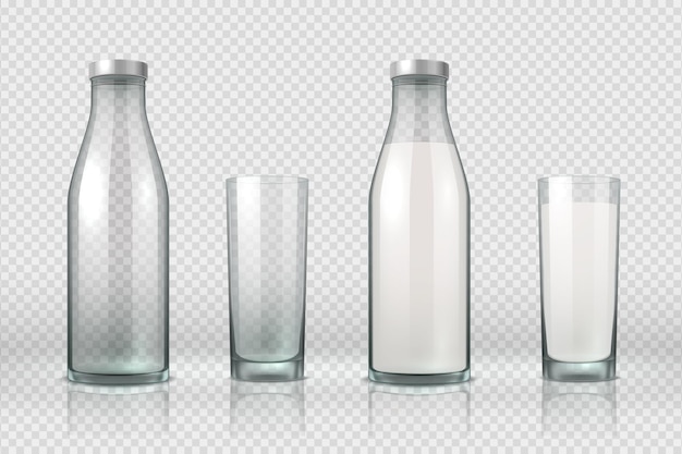 Vektor glas und flasche mit milch. realistische leere, halb volle und volle glasflasche, 3d-modellmilchprodukt. vektor stellte milchiges getränk im behälter ein