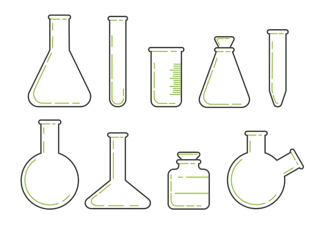 Glaschemikalienflaschen, Ausrüstung für Chemielabor, Vektorillustration