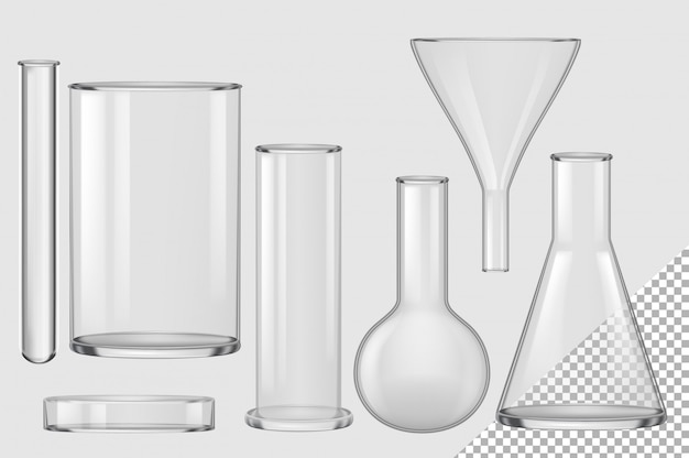 Vektor glasflasche. realistischer leerer chemischer filtertrichter, glühbirne, reagenzglas, becher, petrischalen-sammlung. chemie und biologie labor glasflaschen glaswaren ausrüstung