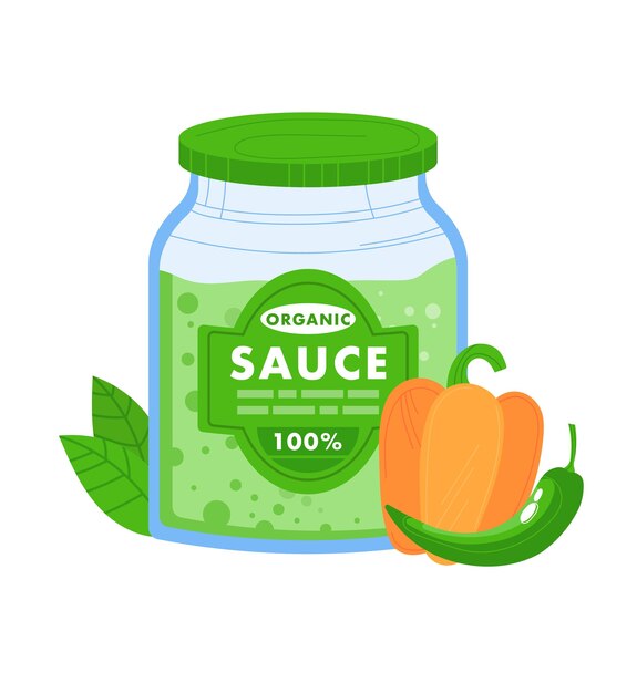 Vektor glasgläser mit grüner organischer sauce mit etikett und frischem gemüse, pfeffer und chili, gesundes essen