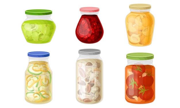 Glasgläser mit konserviertem Gemüse und Obstmarmelade-Vektor-Set