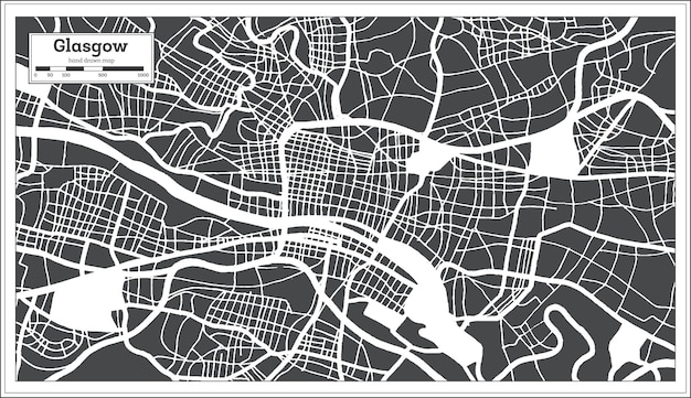 Glasgow großbritannien stadtplan in schwarz-weiß-farbe im retro-stil übersichtskarte