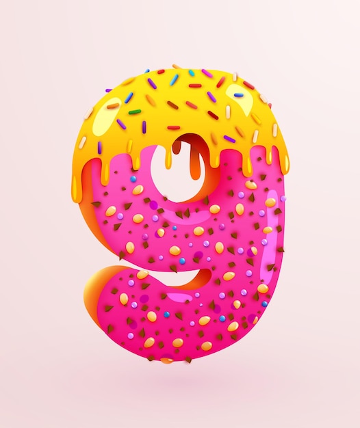 Glasierte Donut-Schriftart Nummer neun Kuchendessert-Stil-Sammlung leckerer Bäckereinummern mit Sahnejubiläum und Geburtstagskonzeptillustration