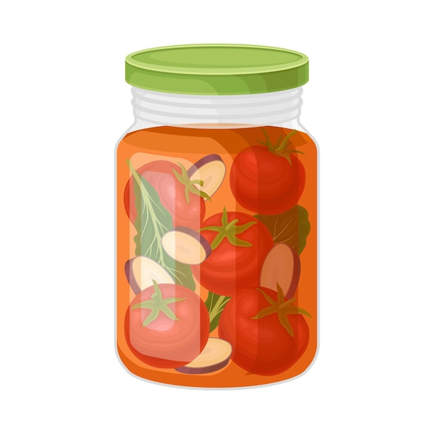 Glaskrug mit konservierter Salat aus Tomaten und Gurken Vektorillustration