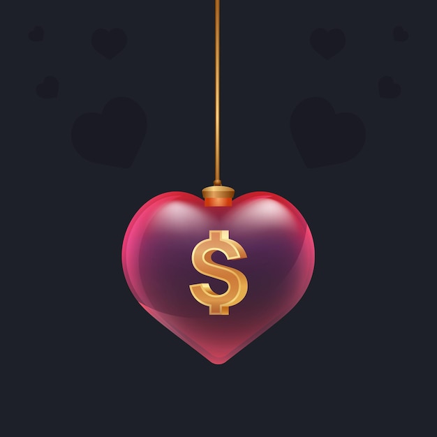 Glaskugel mit einem goldenen 3d-dollar-symbol im inneren. valentinstag dekorationselement für designbanner, karten oder werbung. vektor