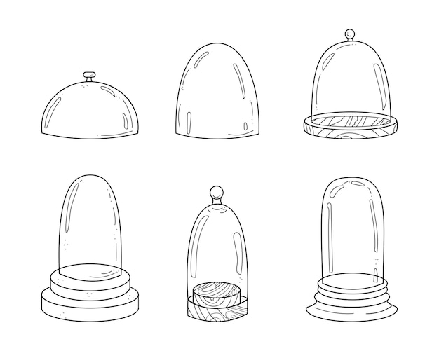 Glaskuppel im skizzen-doodle-stil handgezeichneter schutz durch transparente abdeckung set vektor-illustration