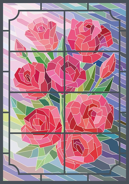 Glasmalerei vertikale blumen rosen in einem rahmen