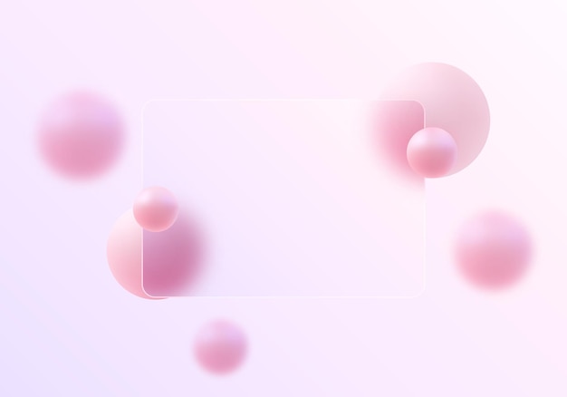 Glasmorphismus abstrakter Hintergrund mit rosa 3D-Kugeln, weichen Pastellgradienten und durchscheinender Tafel