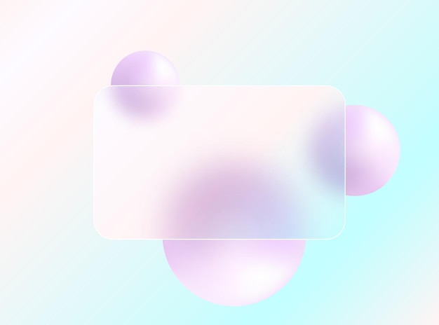 Glasmorphismus-Landseite mit quadratischem Rahmen Vektorillustration mit verschwommenen schwimmenden Kugeln