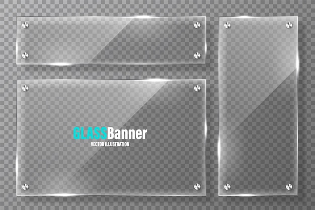 Glasrahmen mit Metallhalterkollektion realistisches transparentes Glasbanner mit Blendungsmockup