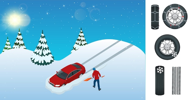 Vektor glattes eis winter schnee straße und autos vorsicht schnee winter fahr- und verkehrssicherheit städtischer verkehr ketten schnee für die räder auto auf weißem hintergrund