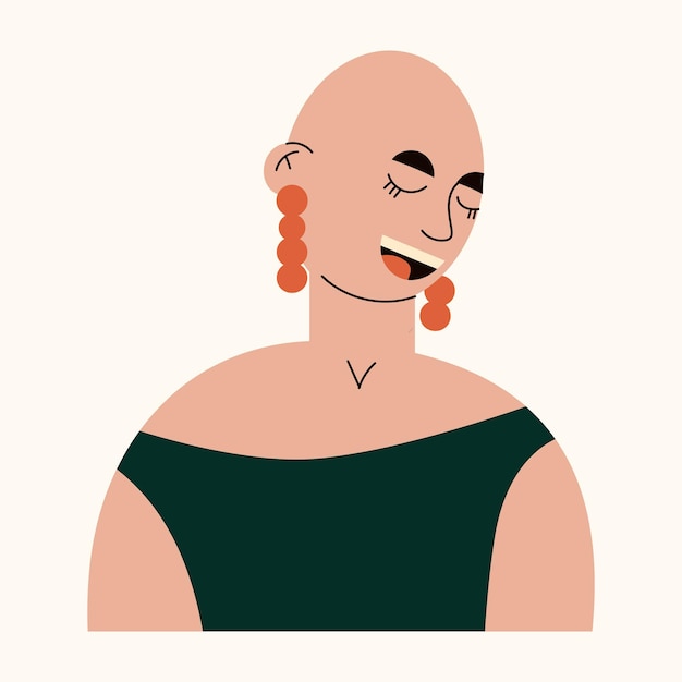 Glatzköpfiger junger lächelnder Mädchenavatar. Porträt einer modischen glatzköpfigen Frau mit Ohrringen. Glückliches Mädchen, das Krebs besiegt. Mode und Alopezie. Weiblicher Charakter mit rasiertem Kopf. Flache Vektorillustration