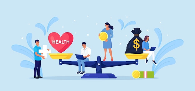 Gleichgewicht zwischen geld und gesundheit. gesundheitswesen, vermögensverdienen auf skalen. stapel bargeld gegen rotes herz auf der skala. ungleichgewicht von lebensstil und arbeit. winzige leute vergleichen geschäftlichen stress und gesundes leben