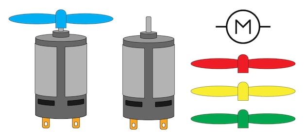 Vektor gleichstrommotor und symbol (teil 3). elektronisches bauteil. vektorillustration getrennt auf weiß.