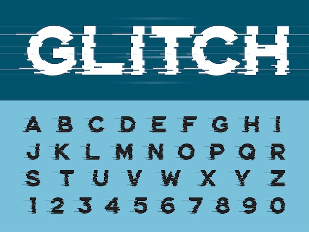 Glitch modern alphabet buchstaben und zahlen, grunge lineare stilisierte gerundete schriftarten