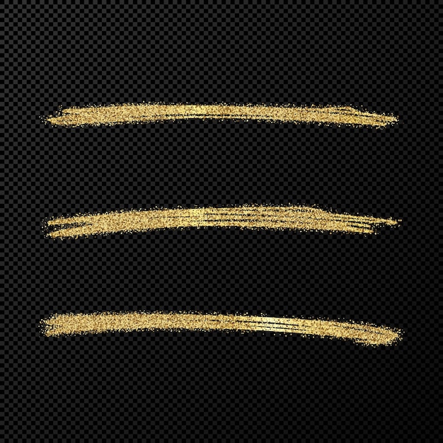 Glitzernde wellen des abstrakten glänzenden konfettis. satz von drei handgezeichneten goldenen pinselstrichen auf schwarzem transparentem hintergrund. vektor-illustration