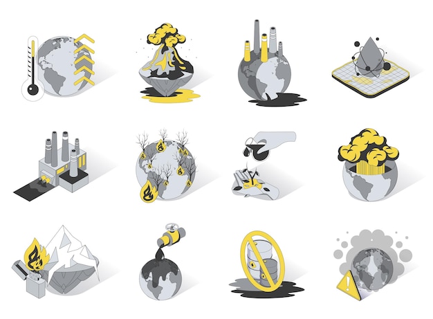 Globale Erwärmung und Verschmutzung isometrische 3D-Symbole setzen Pack-Elemente des Klimawandels auf dem Planeten