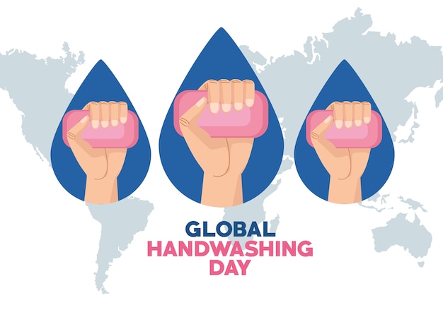 Globale handwasch-tageskampagne mit händen, die seifenstücke im erdplaneten anheben
