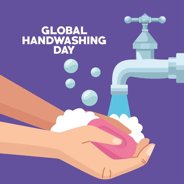 Globale handwaschkampagne mit händen unter verwendung von seifenstück und wasserhahn