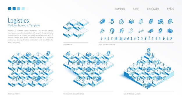 Globale Logistik Import Export modularer isometrischer Konstruktor Nahtlose Muster Basislinie Symbol Zeichensatz Entwickeln Sie Wachstum Treppen hinauf Teamwork-Konzept Vertriebsplattform Business-Infografik