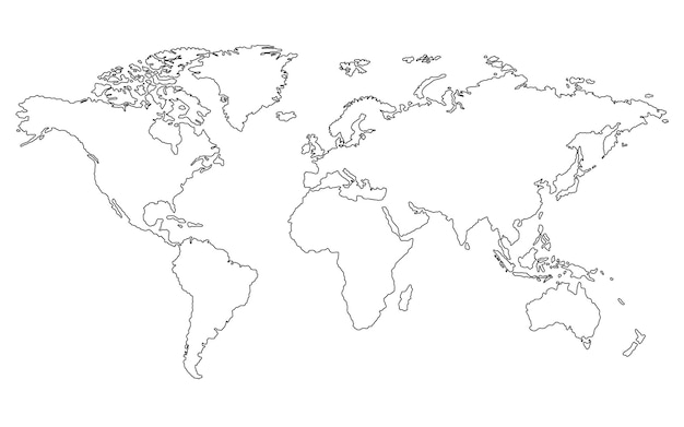 Globale Wortkarte UmrissWeltkarte Zeichnung von Hand gezeichneter Weltkarte auf weißem Hintergrund