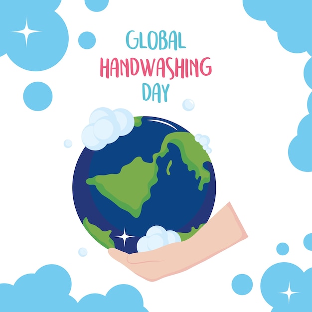 Globaler handwaschtag, hand mit blasen, die weltillustration halten