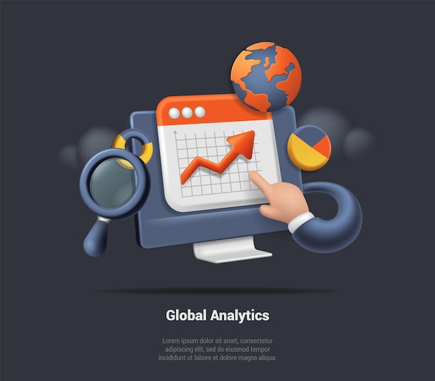 Vektor globales analysekonzept, virtueller finger zeigt auf börsendiagramm mit steigenden kerzenständern, infografik-elemente, realistischer globus und lupe, 3d-rendering, realistische vektorillustration