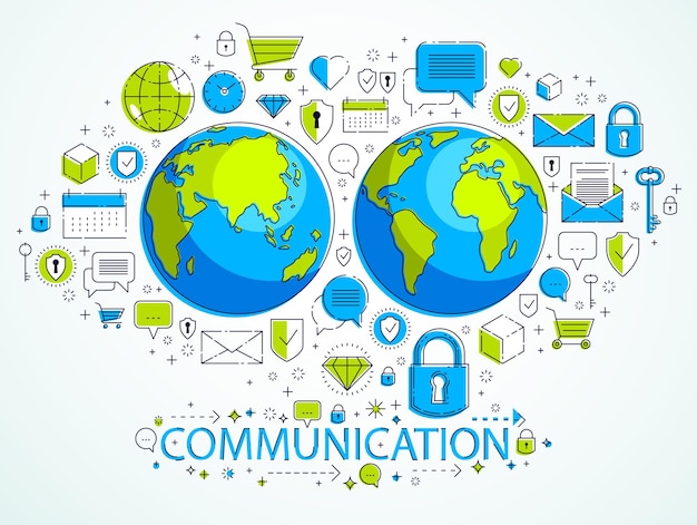 Globales internetverbindungskonzept, planet erde mit verschiedenen symbolen, internetaktivität, big data, globale kommunikation, vektor, elemente können separat verwendet werden.