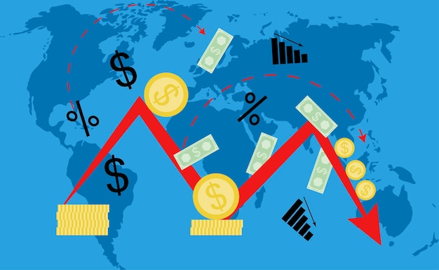 Vektor globales krisen- und rezessionskonzept verringert und untergeht das weltgeschäft