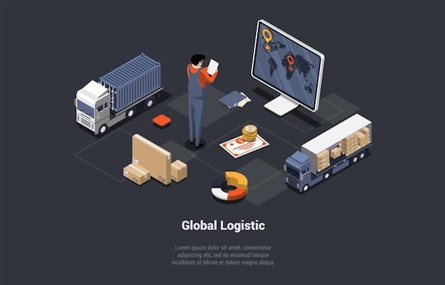 Vektor globales logistikgeschäft cargo land transport kurier lieferung lieferwagen mit kartons mitarbeiter steuert laden lieferprozess am terminal isometrische 3d-vektor-illustration