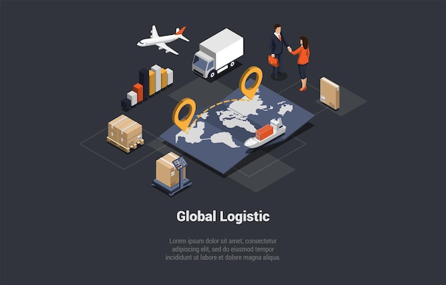 Globales Logistikgeschäft, Luftfracht, Landverkehr, Seeschifffahrt, Seeschifffahrt, Lieferung, weltweites globales Geschäft, erfolgreicher Deal mit Geschäftsleuten, isometrische 3D-Vektorillustration