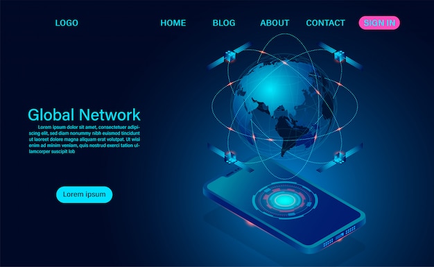 Globales Netzwerk mit drahtlosen Geräten verbinden. Neuübertragung des Signals durch weltraumumlaufende Satelliten
