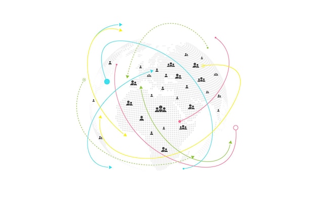 Globales Netzwerkverbindungskonzept. Big-Data-Visualisierung. Kommunikation über soziale Netzwerke in den weltweiten Computernetzen. Internet technologie. Geschäft. Wissenschaft. Vektor-Illustration
