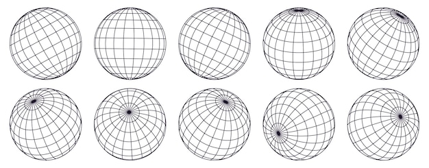 Vektor globusgitterkugeln. gestreifte 3d-kugeln, geometriekugelgitter, erdbreiten- und längengradliniengittersatz