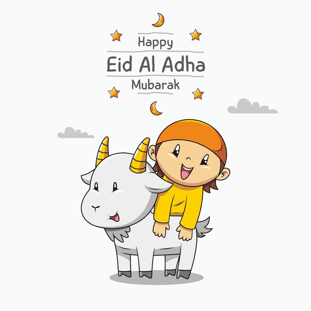 Glücklich eid al adha mubarak. hand gezeichnete niedlichen muslimischen jungen cartoon und ziege