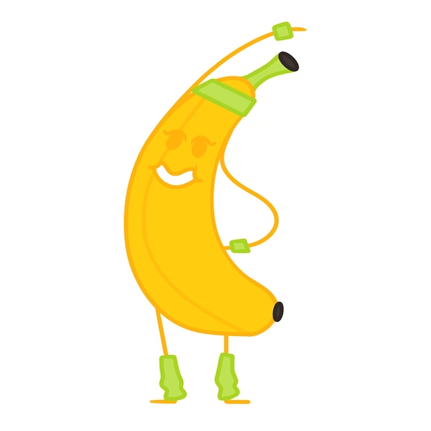 Glücklich lächelnde sport-bananen-figur trainieren abs vektor-cartoon-illustration