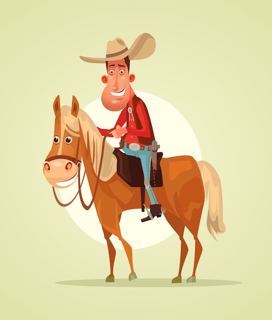 Glücklich lächelndes Cowboy Sheriff Charakter reiten Pferd.