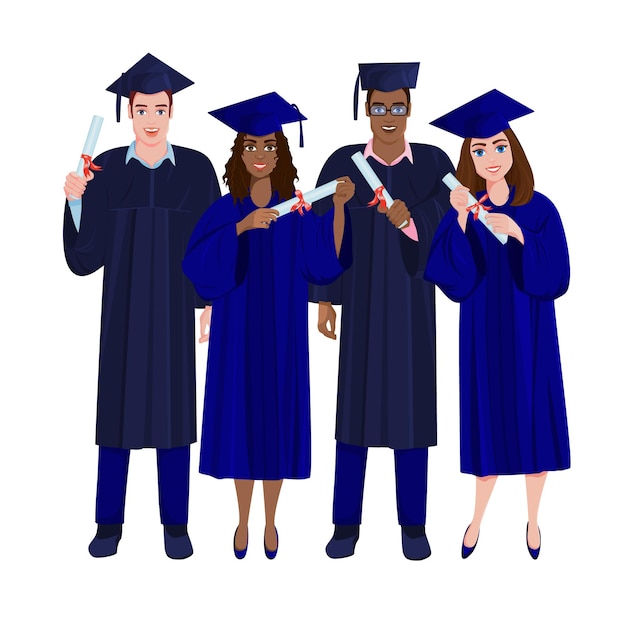 Glückliche absolventen in schwarzen kleidern und hüten mit quasten, die diplome halten