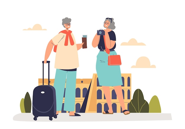 Vektor glückliche ältere freundinnen reisen ältere frauen mit tickets und koffern gehen gerne in den urlaub