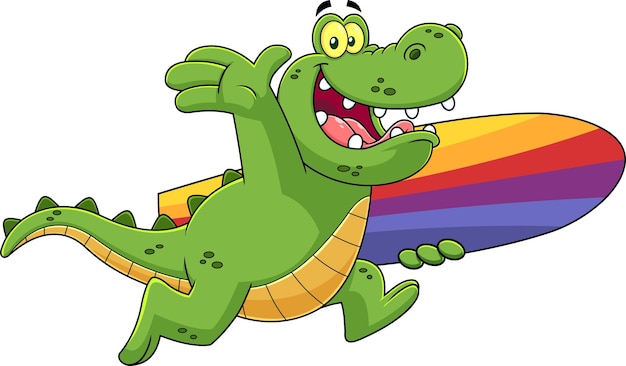 Glückliche alligator- oder krokodil-cartoon-figur, die mit einem surfbrett läuft