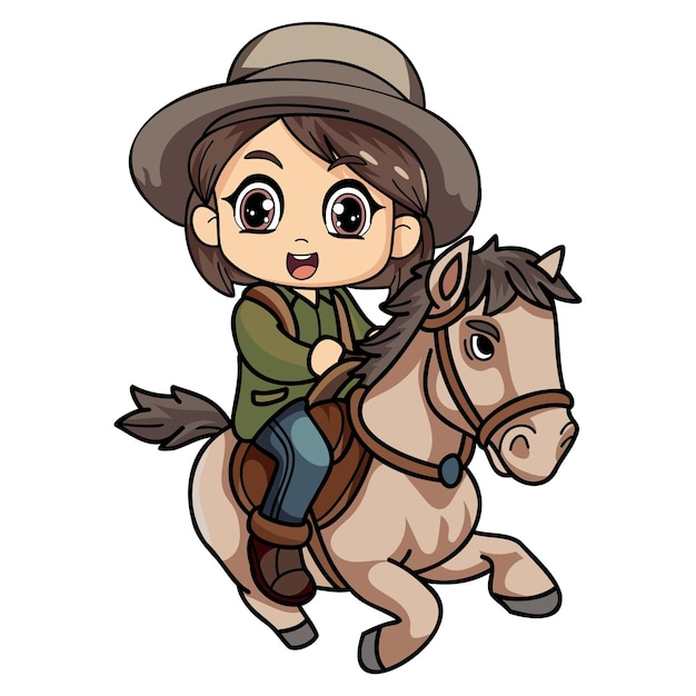 Glückliche bäuerin, die auf einem pferd reitet, charakterillustration im doodle-stil