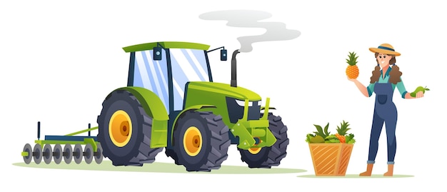 Glückliche Bäuerin mit frischen Früchten und Traktorillustration