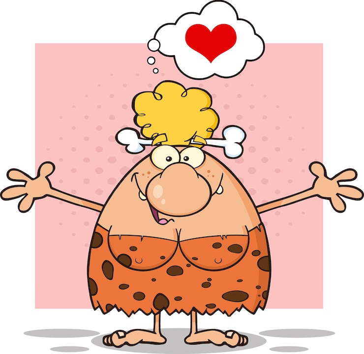 Vektor glückliche blonde höhlen-frauen-karikatur-maskottchen-figur mit offenen armen und einem herzen in der sprechblase