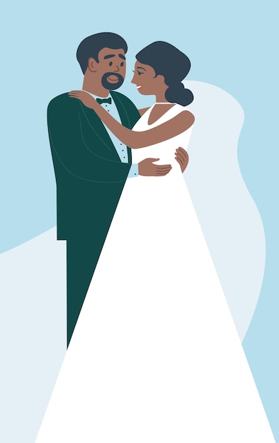 Glückliche Braut und Bräutigam afroamerikanisches Paar posiert am Hochzeitstag glücklich