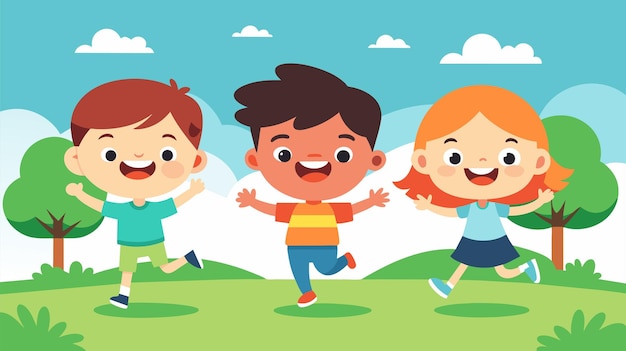 Glückliche cartoon-kinder spielen an einem sonnigen tag im freien