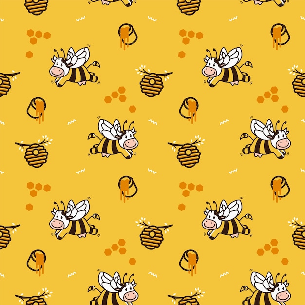 Glückliche cartoon kuh biene honig bienenstock nahtlose muster vektor hintergrund