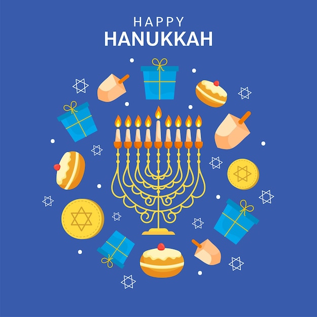 Glückliche chanukka-feier-gruß-karte mit den festival-elementen verziert auf blauem hintergrund