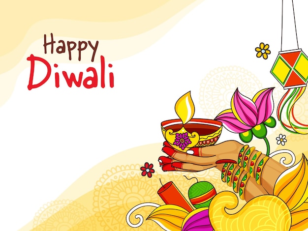 Glückliche diwali-grußkarte mit weiblicher hand, die beleuchtete öllampe (diya), kandeel hang, feuerwerkskörper, blumen verziert auf gelbem und weißem hintergrund hält.