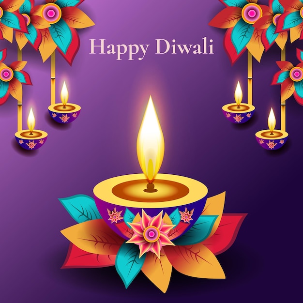 Glückliche Diwali-Illustration mit Blumen und Lichtern auf Bambusspitzen